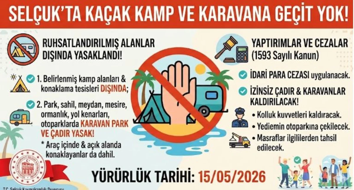 Sel&ccedil;uk&rsquo;ta Ka&ccedil;ak Kamp ve Karavana Ge&ccedil;it Yok: Yeni Yasaklar Y&uuml;r&uuml;rl&uuml;ğe Girdi!